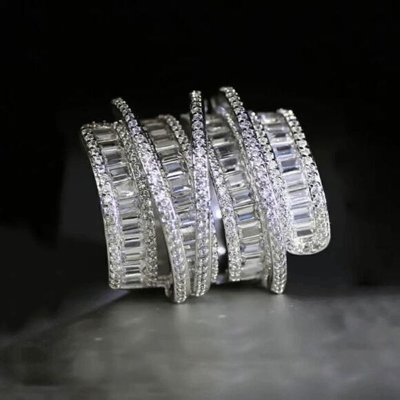 6.4 CT Sterling Silver Baguette Round Diamond Wedding Engagement Ring - Size 7 - Picture 4 of 11